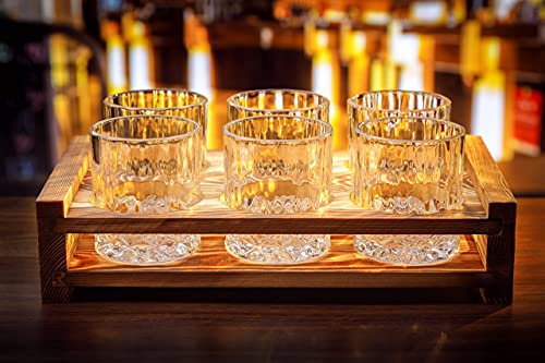 Mloxy Whiskey Glass Server Universal | Drink Carrier Six Glass Holder| Rustic Wood Bar Serving Tray | Server Tray for Home & Bars | 13.5x8x3” Bar Tray | Whiskey Serving Tray | Drink Caddy