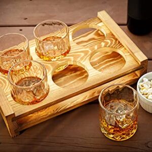 Mloxy Whiskey Glass Server Universal | Drink Carrier Six Glass Holder| Rustic Wood Bar Serving Tray | Server Tray for Home & Bars | 13.5x8x3” Bar Tray | Whiskey Serving Tray | Drink Caddy