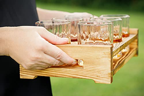 Mloxy Whiskey Glass Server Universal | Drink Carrier Six Glass Holder| Rustic Wood Bar Serving Tray | Server Tray for Home & Bars | 13.5x8x3” Bar Tray | Whiskey Serving Tray | Drink Caddy