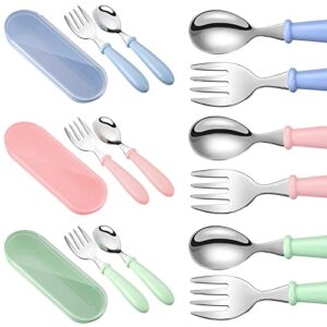 9 pieces toddler utensils stainless steel fork and spoon safe baby silverware set, kid safe utensils children's flatware kids cutlery set with round handle for lunchbox (blue, green, pink)