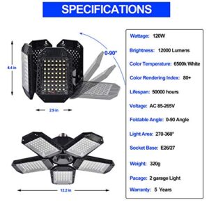 2 Pack LED Garage Lights, 120W Deformable LED Garage Ceiling Lights with 5 Adjustable Panels, 12000LM E26 LED Shop Lights for Garage, Basement, Barn, High Bay Light (2 Pack)