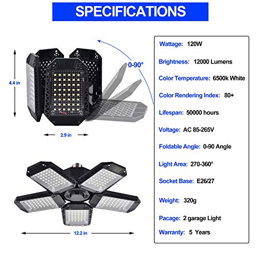 2 Pack LED Garage Lights, 120W Deformable LED Garage Ceiling Lights with 5 Adjustable Panels, 12000LM E26 LED Shop Lights for Garage, Basement, Barn, High Bay Light (2 Pack)