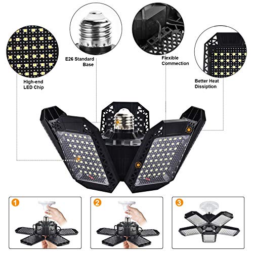 2 Pack LED Garage Lights, 120W Deformable LED Garage Ceiling Lights with 5 Adjustable Panels, 12000LM E26 LED Shop Lights for Garage, Basement, Barn, High Bay Light (2 Pack)