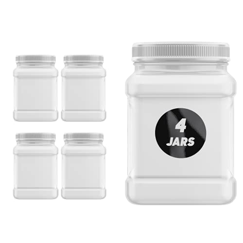 Plastic Jars 32 Ounce Square Pinch Handle (4 Pack) Clear PET Plastic Containers With White Ribbed Lids