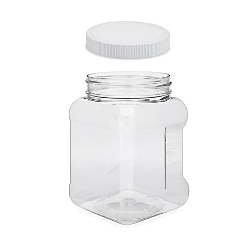 Plastic Jars 32 Ounce Square Pinch Handle (4 Pack) Clear PET Plastic Containers With White Ribbed Lids