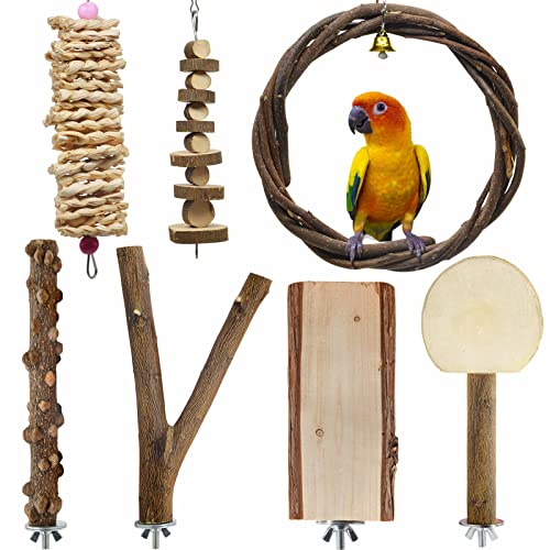 LIMIO 7 PCS Bird Parrot Swing Chewing Toys Natural Wood Bird Perch Bird Cage Toys Suitable for Small Parakeets, Cockatiels, Conures, Finches,Budgie, Parrots, Love Birds