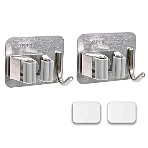 H S T Mop Broom Holder (2-Pack), No Drilling 304 Stainless Steel Broom and Mop Holder for Home, Kitchen, Storage Room