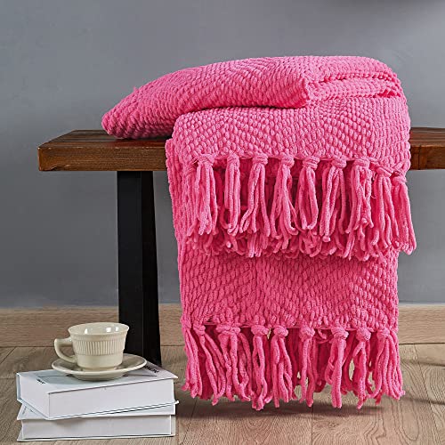 Bytide Throw Blanket for Couch Soft Knitted Textured Couch Cover Tweed Blanket with Fringe Tassel for Home Décor Bed Sofa Chair, 60" x 80", Coral Hot Pink