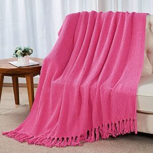 Bytide Throw Blanket for Couch Soft Knitted Textured Couch Cover Tweed Blanket with Fringe Tassel for Home Décor Bed Sofa Chair, 60" x 80", Coral Hot Pink