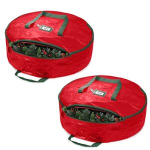 zober christmas wreath storage bag - water resistant fabric storage dual zippered bag for holiday artificial christmas wreaths, 2 stitch-reinforced canvas handles (set of 2,24 inch, red)
