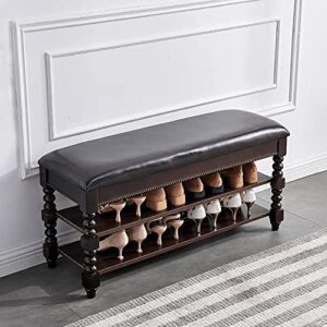 lkz shoe storage bench wooden shoe rack with leather seat shoe benches for bedroom, living room, hallway, entryway (39.4'')