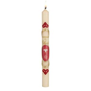 catholic confirmation candle red dove decoration, wax candlestick gift for teenage boys and girls, 9 3/4 inches tall