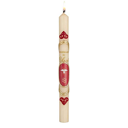 Catholic Confirmation Candle Red Dove Decoration, Wax Candlestick Gift for Teenage Boys and Girls, 9 3/4 Inches Tall