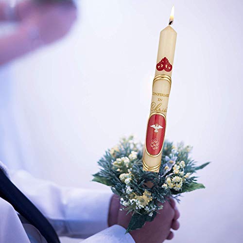 Catholic Confirmation Candle Red Dove Decoration, Wax Candlestick Gift for Teenage Boys and Girls, 9 3/4 Inches Tall