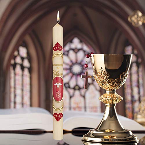 Catholic Confirmation Candle Red Dove Decoration, Wax Candlestick Gift for Teenage Boys and Girls, 9 3/4 Inches Tall