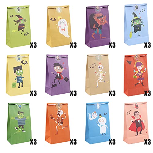 KIMOBER 36pcs Halloween Paper Gift Candy Bags,Trick or Treat Goodie Bags With Sticker For Halloween Party Favor Supplies