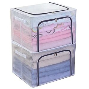 kaysun stackable closet clear storage bins with lids waterproof foldable steel frame storage box for clothes 66l baby cloth storage bag organizer for bedding clothing toy(2-pack) (grey,19.7x15.7x13'')