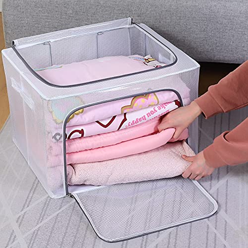 Kaysun Stackable Closet Clear Storage Bins with Lids Waterproof Foldable Steel Frame Storage Box for Clothes 66L Baby Cloth Storage bag Organizer for Bedding Clothing Toy(2-Pack) (Grey,19.7x15.7x13'')