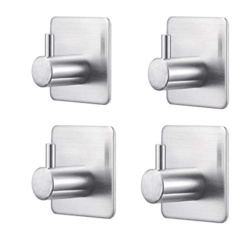 Adhesive Hooks Heavy Duty Waterproof Stainless Steel Wall Hooks for Towel ,Cloth,Coat Sticky Hanging Hooks 4 Sets for Bathroom,Bedroom,Kitchen，Door-4 Pack