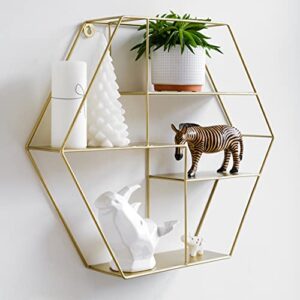 gold hexagon wall shelves, extra large decorative floating shelf for bathroom, kitchen & bedroom wall decor shelfie, glam brass geometric wall art, metal sconce shelf, boho honeycomb accent display