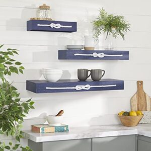 deco 79 wood rectangle wall shelf with knotted rope, set of 3 32", 24", 16"w, blue