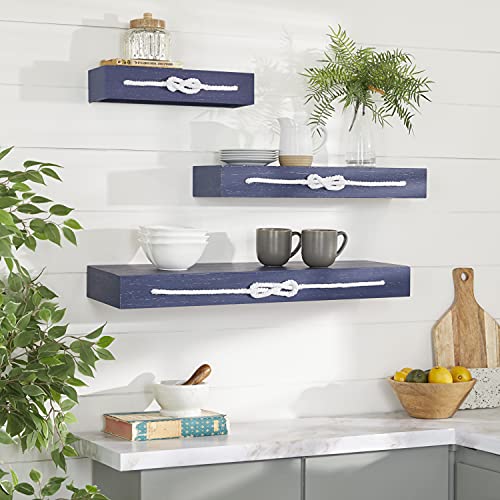 Deco 79 Wood Rectangle Wall Shelf with Knotted Rope, Set of 3 32", 24", 16"W, Blue