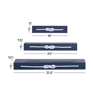 Deco 79 Wood Rectangle Wall Shelf with Knotted Rope, Set of 3 32", 24", 16"W, Blue