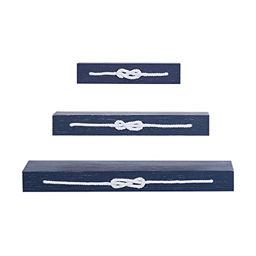 Deco 79 Wood Rectangle Wall Shelf with Knotted Rope, Set of 3 32", 24", 16"W, Blue