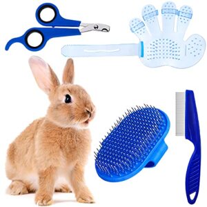 4 pieces bunny grooming kit with rabbit grooming brush pet hair remover pet nail clipper pet comb shampoo bath brush with adjustable ring handle for rabbit hamster bunny()