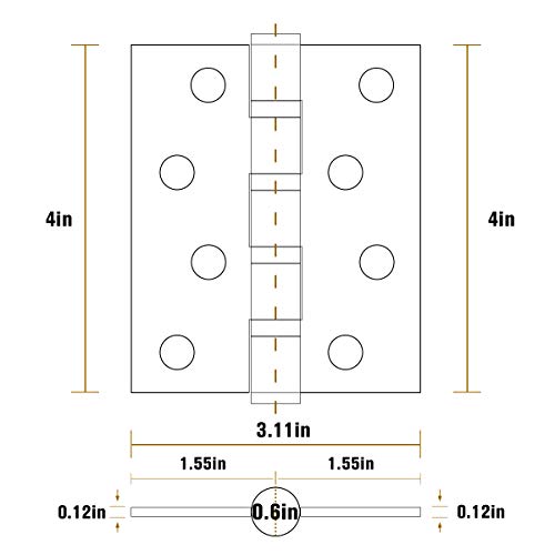 4 Inch Matt Black Door Hinges，4”×3” Stainless Steel Door Hinge，Hinge Bearing Diameter 0.6inch, Thickness 0.12inch, Single Piece Weight 0.65 Pounds，3 Pack