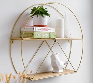 kimisty gold round wall shelves, large circular floating shelf for bathroom, living room, kitchen and bedroom, brass geometric wall decor, metal sconce shelf with mango wood, boho accent display