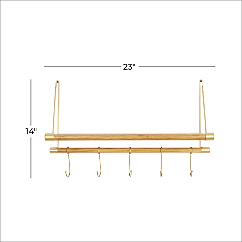 Deco 79 Wood 1 Shelf and 5 Hangers Wall Hook, 23" x 6" x 14", Gold