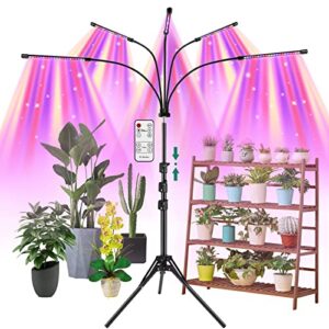 ambor grow lights for indoor plants with stand, [5-heads] floor plant light, 150w full spectrum led plant grow lamp with 4 8 12h timer, 10 dimmable brightness, remote control and auto on/off