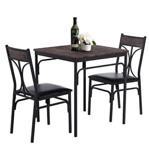 vecelo 3-piece dining room kitchen table and pu cushion chair sets for small space, 2, brown28 x 28 x 30 inches