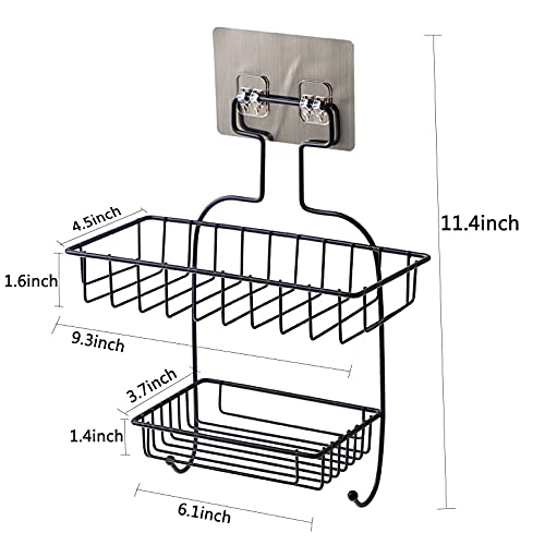 2 Tiers Shower Caddy Basket Shelf with Soap Dish, Rustproof Bathroom Organizer Shelf with 2 Hooks, No Drilling Wall Mounted Storage Shelves for Kitchen Bathroom (Black-3)