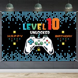 hamigar 6x4ft happy 10th birthday baner backdrop - level 10 unlocked birthday decorations party supplies for boys - blue