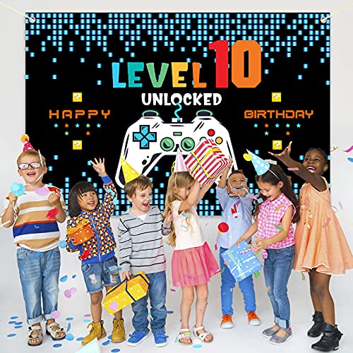 HAMIGAR 6x4ft Happy 10th Birthday Baner Backdrop - Level 10 Unlocked Birthday Decorations Party Supplies for Boys - Blue