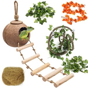 hercocci leopard gecko tank accessories, coconut shell ladder hideout hole reptile climbing vine habitat decor with 3 pieces colorful plastic plants for chameleon lizard snake hermit crab