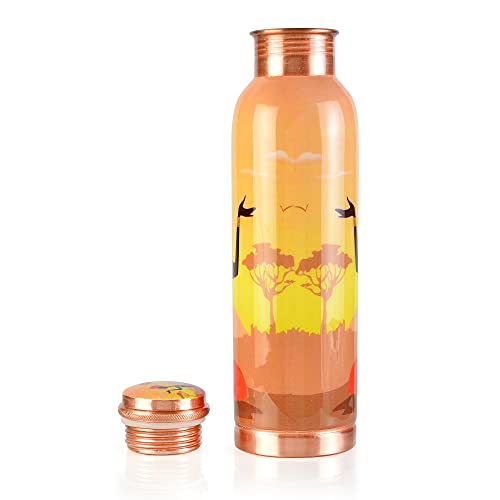 Prura Pure Printed Copper Water Bottle - Leak Proof Ayurvedic Drinkware Copper Vessel for Sports, Gym, Outdoors, Yoga, Health Benefits (30 oz)