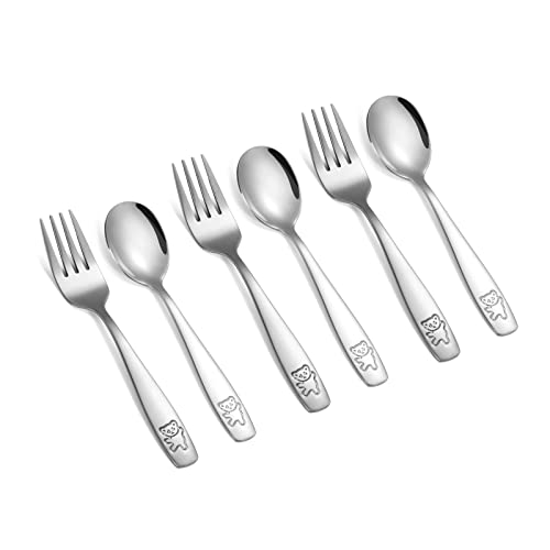 6 Pieces Toddler Utensils Kids Silverware Stainless Steel Toddler Forks and Spoons Set, Metal Children's Safe Flatware Kids Cutlery Set, 3 x Child Forks, 3 x Children Spoons