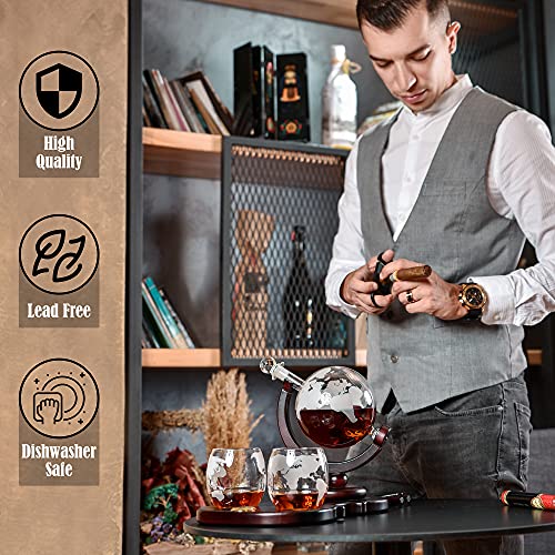 GESHANK Whiskey Decanter Set – Globe Decanter NEW Violin Shaped Stand with Watch – Liquor Decanter with 2 Etched Drinking Glasses and Bar Funnel – Beautiful Gift Packaging – Included Gift Card – 850ml