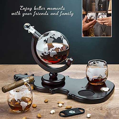 GESHANK Whiskey Decanter Set – Globe Decanter NEW Violin Shaped Stand with Watch – Liquor Decanter with 2 Etched Drinking Glasses and Bar Funnel – Beautiful Gift Packaging – Included Gift Card – 850ml