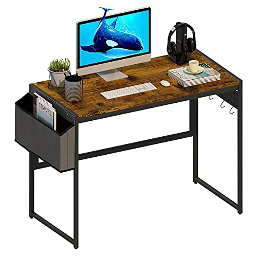 Recaceik 39 Inch Home Office Computer, Modern Vintage Brown Laptop Table Study Work w/Storage Bag Organizer and Hook, Simple Gaming & Working Desk