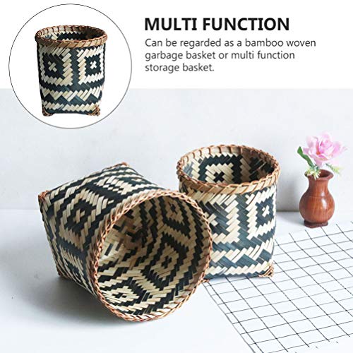 Wakauto Bamboo Rattan Round Waste Basket Decorative Wicker Waste Basket Garbage Can Storage Basket Wastepaper Basket 21x20cm