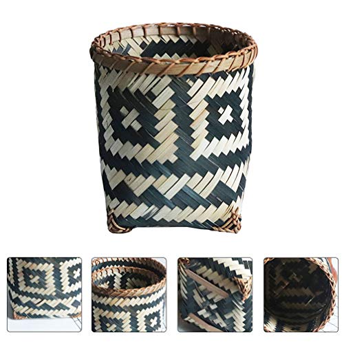 Wakauto Bamboo Rattan Round Waste Basket Decorative Wicker Waste Basket Garbage Can Storage Basket Wastepaper Basket 21x20cm