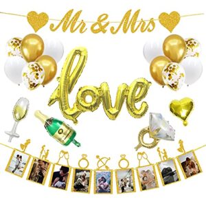 Wedding Decorations,Mr & Mrs Banner, Photo Banner and Set of 12+5 distinctive Balloons for Wedding/Anniversary/Engagement/Valentines Day Party