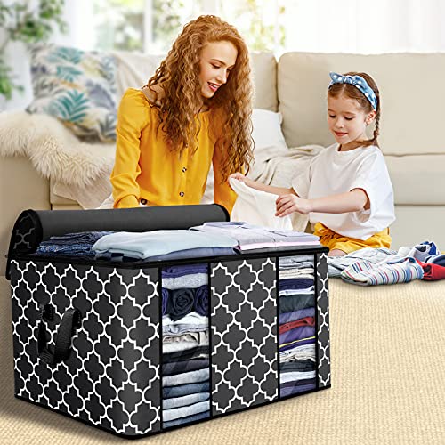 Fab totes Clothes Storage Bag Organizer [3 Pack/100L], Large Capacity Clothes Organization with Reinforced Handle and Clear Window, Foldable Storage Containers for Comforter, Blanket, Bedding, Black