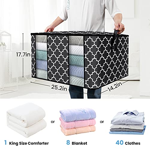 Fab totes Clothes Storage Bag Organizer [3 Pack/100L], Large Capacity Clothes Organization with Reinforced Handle and Clear Window, Foldable Storage Containers for Comforter, Blanket, Bedding, Black