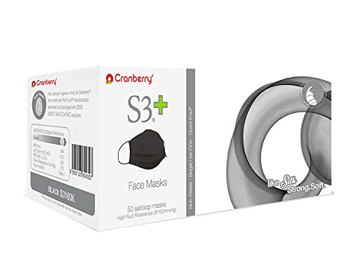 Cranberry USA S3160K S3+ Earloop Face Mask, 3-Ply, Disposable, Black (Pack of 50)