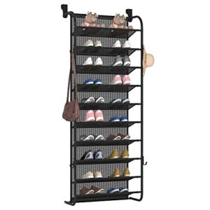 fkuo 10-tier over the door shoe organizer hanging shoe storage with 2 customized strong metal hooks for closet pantry kitchen accessory - space saving solution (10 layer, black&hooks)